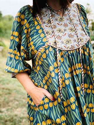 Marigold Dress - Green and Yellow Floral Mini Dress