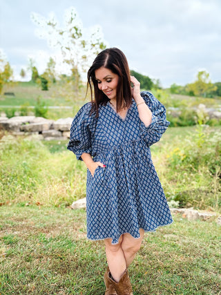 Taylor Dress - Blue Printed Mini Babydoll Dress with Puff Sleeves and a Lace Trim