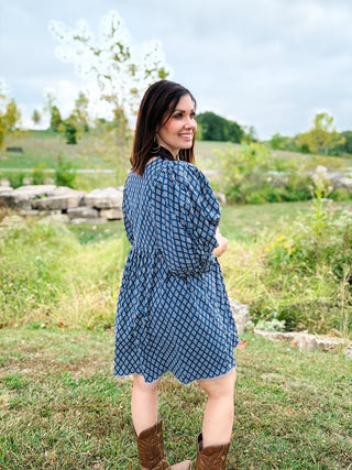 Taylor Dress - Blue Printed Mini Babydoll Dress with Puff Sleeves and a Lace Trim