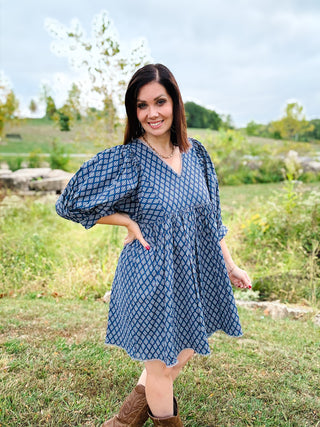 Taylor Dress - Blue Printed Mini Babydoll Dress with Puff Sleeves and a Lace Trim