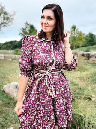 The Elowen Dress - Plum Mini Dress with Puff Sleeves and Tie waist