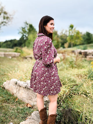 The Elowen Dress - Plum Mini Dress with Puff Sleeves and Tie waist