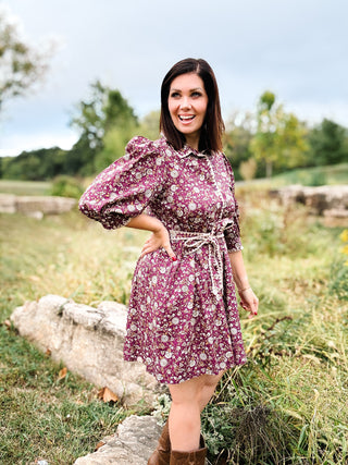 The Elowen Dress - Plum Mini Dress with Puff Sleeves and Tie waist