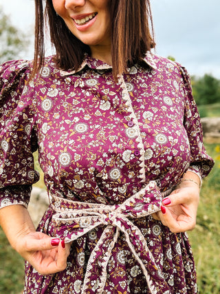 The Elowen Dress - Plum Mini Dress with Puff Sleeves and Tie waist