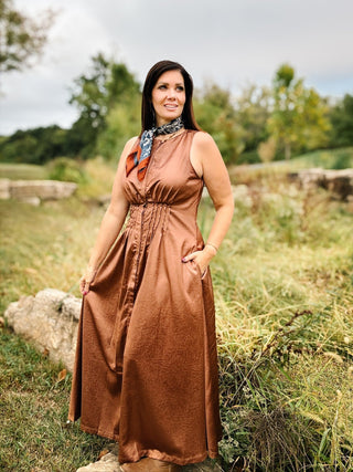 Renata Dress by THML - Brown Faux Leather Maxi Dress with Bronze Sheen XS Renata Dress by THML - Brown Faux Leather Maxi Dress with Bronze Sheen XS
