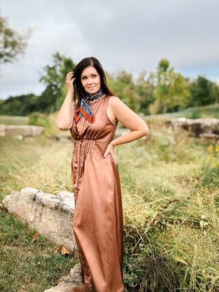 Renata Dress by THML - Brown Faux Leather Maxi Dress with Bronze Sheen