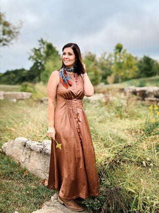 Renata Dress by THML - Brown Faux Leather Maxi Dress with Bronze Sheen