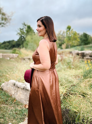 Renata Dress by THML - Brown Faux Leather Maxi Dress with Bronze Sheen
