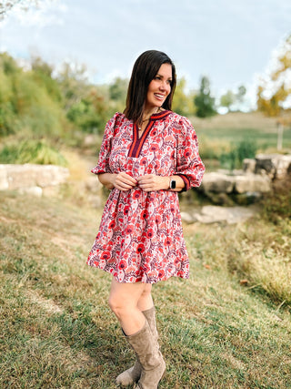 Fabiana Dress - Red, Berry, and Rust Floral Fall Mini Dress