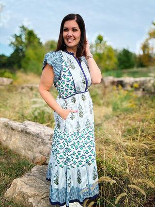 Eloise Dress by THML - Blue Floral Block Print Maxi Dress