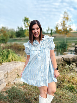 Floral Stripe Peterpan Stitch Dress by Karlie - Light Blue Floral Ruffle Mini Dress