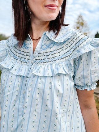 Floral Stripe Peterpan Stitch Dress by Karlie - Light Blue Floral Ruffle Mini Dress