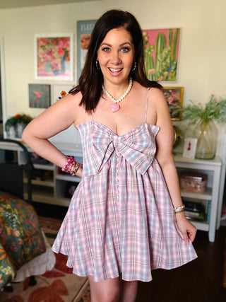 Sasha Bow Mini Dress - Pink Plaid
