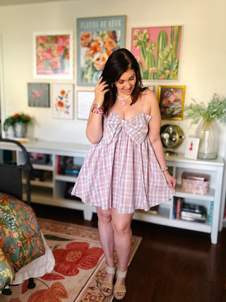 Sasha Bow Mini Dress - Pink Plaid