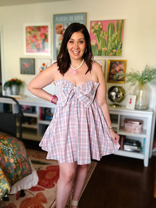 Sasha Bow Mini Dress - Pink Plaid