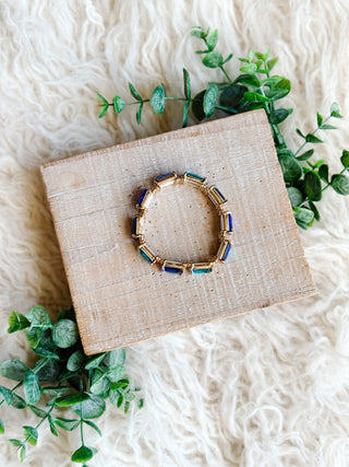Odessa Bracelet - Gold Stretch Bracelet with Blue and Teal Faceted Rectangular Gems