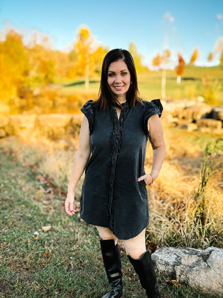 Lennox Dress - Black Flutter Ruffle Sleeve Mineral Washed Button Down Mini Dress