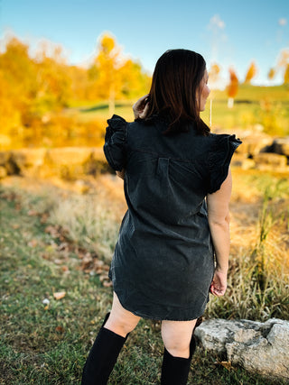 Lennox Dress - Black Flutter Ruffle Sleeve Mineral Washed Button Down Mini Dress