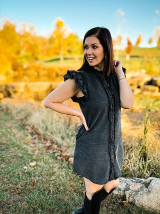 Lennox Dress - Black Flutter Ruffle Sleeve Mineral Washed Button Down Mini Dress