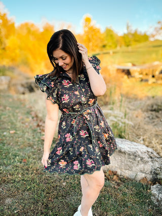 Roxelle Dress - Black Floral Mini Dress with Green Trim, Pockets, and Self Tie Belt