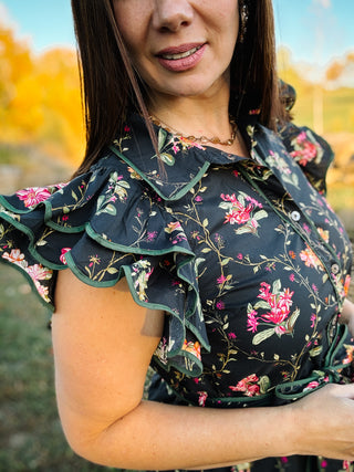 Roxelle Dress - Black Floral Mini Dress with Green Trim, Pockets, and Self Tie Belt