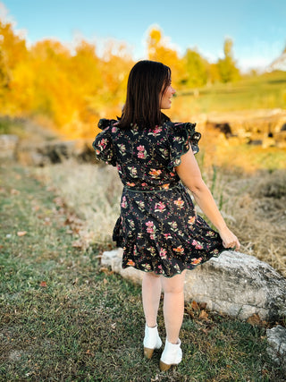 Roxelle Dress - Black Floral Mini Dress with Green Trim, Pockets, and Self Tie Belt
