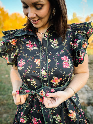 Roxelle Dress - Black Floral Mini Dress with Green Trim, Pockets, and Self Tie Belt