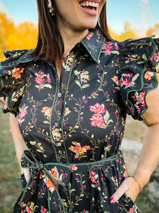 Roxelle Dress - Black Floral Mini Dress with Green Trim, Pockets, and Self Tie Belt