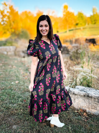 Verona Dress - Black Floral Midi Dress with Puffed Sleeves