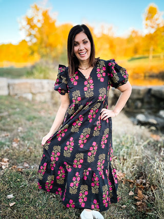 Verona Dress - Black Floral Midi Dress with Puffed Sleeves
