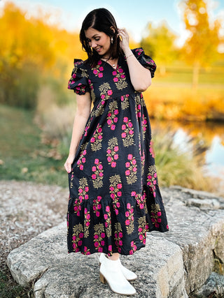 Verona Dress - Black Floral Midi Dress with Puffed Sleeves