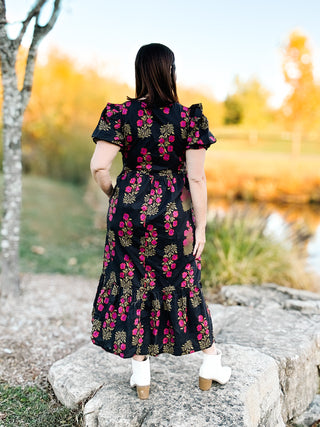 Verona Dress - Black Floral Midi Dress with Puffed Sleeves