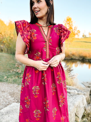 Maritza Dress - Magenta Floral Fall Midi Dress