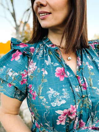 Serena Dress - Teal Floral Flutter Ruffle Sleeve Midi Dress