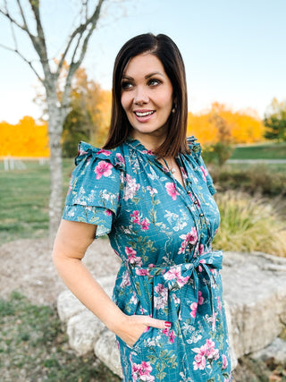 Serena Dress - Teal Floral Flutter Ruffle Sleeve Midi Dress