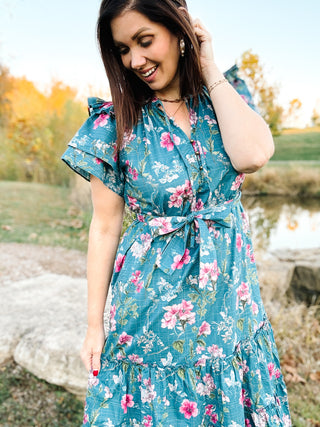 Serena Dress - Teal Floral Flutter Ruffle Sleeve Midi Dress