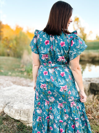Serena Dress - Teal Floral Flutter Ruffle Sleeve Midi Dress