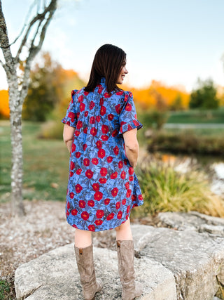 The Sabina Dress – Blue Floral High Neck Mini Dress with Ruffles and Pleating