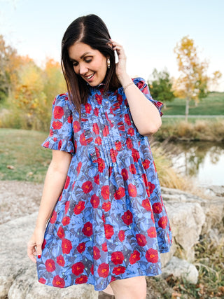 The Sabina Dress – Blue Floral High Neck Mini Dress with Ruffles and Pleating