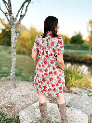 The Sabina Dress – Blush Floral High Neck Mini Dress with Ruffles and Pleating