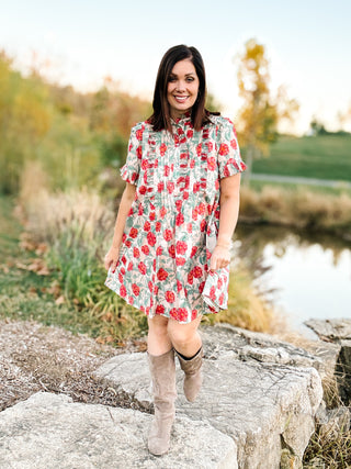The Sabina Dress – Blush Floral High Neck Mini Dress with Ruffles and Pleating