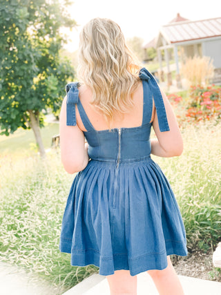 Darcy Dress - Denim Pintuck Flared Mini Dress with Shoulder Tie Straps