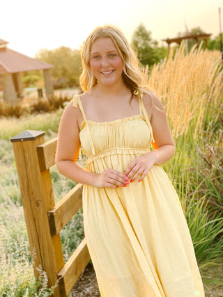 Lainey Dress - Yellow Shoulder Tie Fall Midi Dress