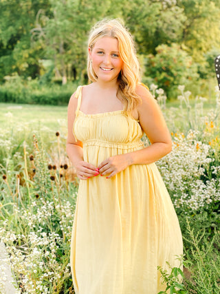 Lainey Dress - Yellow Shoulder Tie Fall Midi Dress