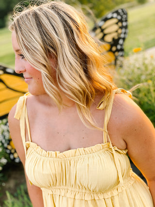 Lainey Dress - Yellow Shoulder Tie Fall Midi Dress