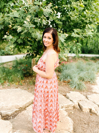 Brielle Dress by THML - Floral One Shoulder Midi Dress in Pinks and Rusty Reds