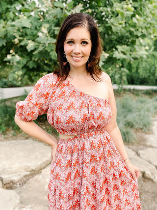 Brielle Dress by THML - Floral One Shoulder Midi Dress in Pinks and Rusty Reds