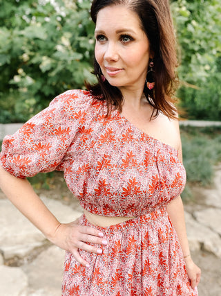 Brielle Dress by THML - Floral One Shoulder Midi Dress in Pinks and Rusty Reds