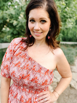 Brielle Dress by THML - Floral One Shoulder Midi Dress in Pinks and Rusty Reds