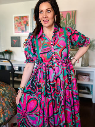 Karlie Multi Jewel Swirl Maxi Ruffle Dress in Magenta
